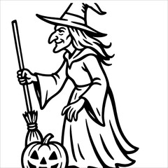 Halloween Witch Outline Drawing