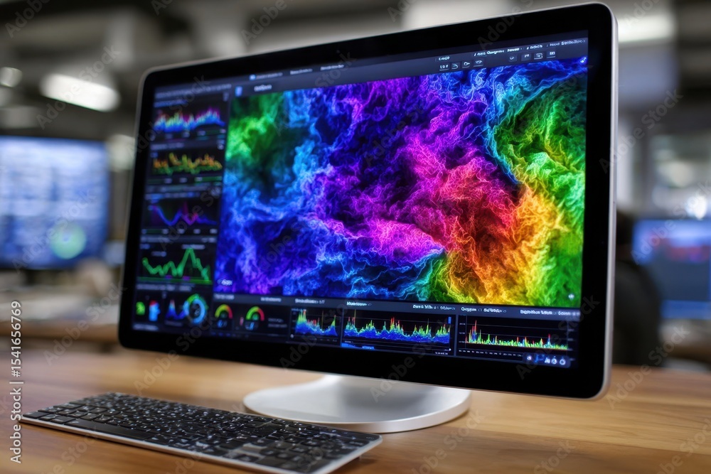 Fototapete colorful abstract data visualization displayed on a computer monitor in a modern workspace