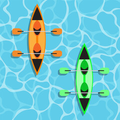 Two kayaks on water, top view, vector illustration.