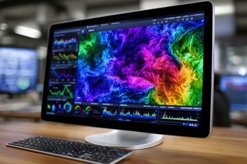 Colorful abstract data visualization displayed on a computer monitor in a modern workspace