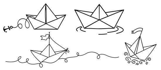 Paper boats floating and sailing with doodle waves and flags © OS