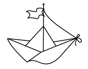 Paper Boat with Sail and Flag. Symbol of Childhood Dreams, Sea Adventures, Navigation, Freedom, Travel