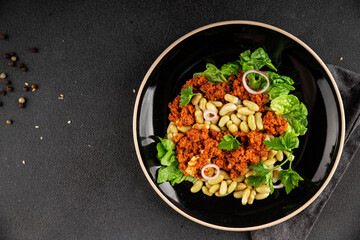 Bean salad tuna canned fish fresh delicious gourmet food background on the table rustic food top view copy space keto and paleo diet vegetarian food pescetarian diet