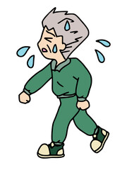 汗をかきながら疲れて歩くシニア男性のイラスト　カラー（Affinity Designer版）