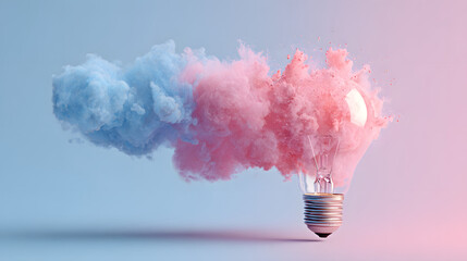 exploding bulb Light with colorful smoke represents a creative idea on a blue and pink background