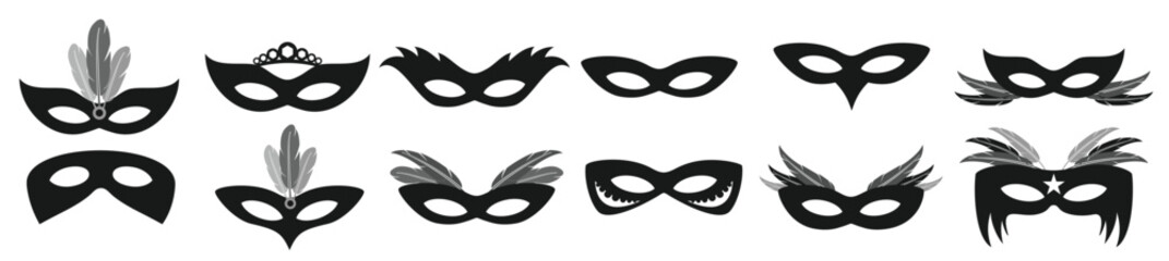 black carnival party face masks isolated white vector set