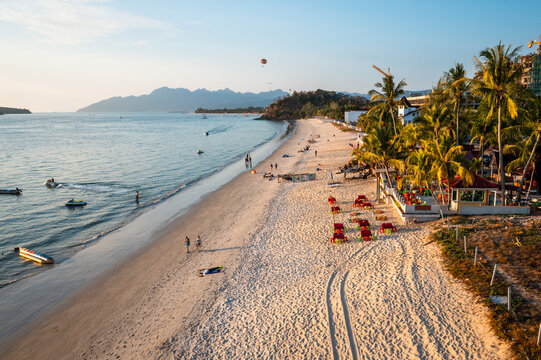 Aerial view of Pantai Cenang beach at sunset, Langkawi, Malaysia