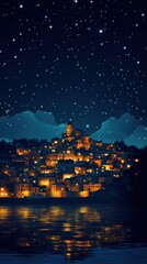 Naklejka premium Nighttime View of a Hillside Town with Starry Sky and Reflective Water