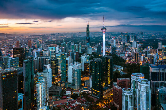 Aerial view of KLCC downtown district at twilight, Kuala Lumpur, Malaysia