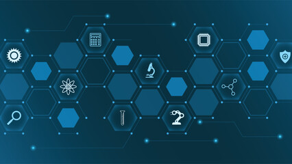 Futuristic hexagonal background featuring science technology and research icons on glowing blue interface perfect for modern digital projects and presentations