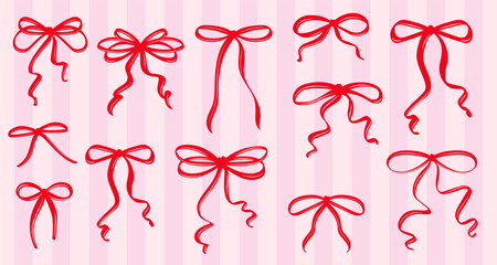 Vintage Coquette Bows in Hand-Drawn Whimsical Style Ribbon Set, Cute Flirtatious Bows Clipart Collection