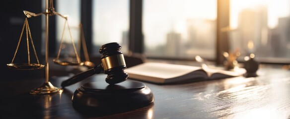 The gavel resting on a wooden table with city skyline in the background.