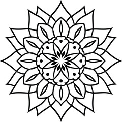 Hand-drawn radial mandala in line art with geometric and floral elements