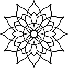 Geometric floral mandala in elegant black line art with radial flow