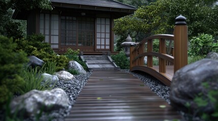 Wooden path leads to traditional Japanese teahouse in a misty garden