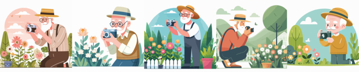 vector character grandfather photographing flower garden