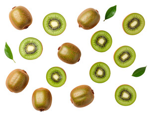 Fototapeta premium Kiwi Freshness: Vibrant sliced and whole kiwis with fresh green leaves create a mouthwatering still life, radiating the essence of health and organic goodness.