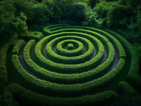 aerial view of green garden labyrinth. symmetrical spiral hedge maze in serene summer park landscape - Powered by Adobe