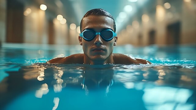 athlete resting at lane divider in indoor pool. swim goggles, fit physique, and competitive training lifestyle