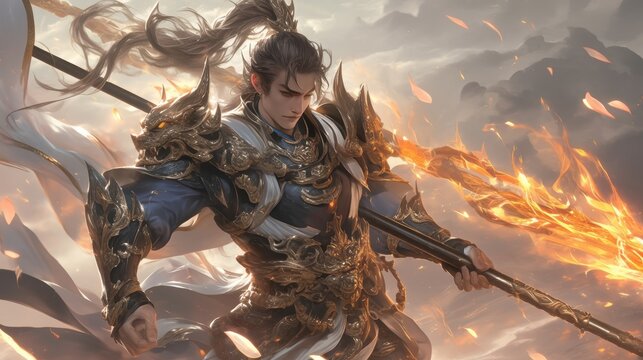 Warrior in ornate armor wielding a flaming spear amidst a battlefield