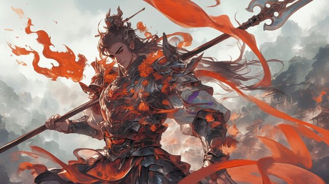 Warrior in Armor Wielding a Massive Axe Amidst Flames and Smoke