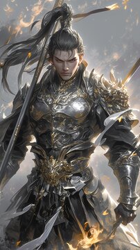 Warrior in ornate armor wielding a sword amidst flames