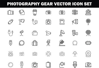 Photography Equipment Vector Icons | Camera, Lens, Tripod, Lighting, Studio Gear

