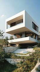 Fototapeta premium Modern Multi-Level House with Clean Lines and Large Windows Set in a Lush Green Landscape