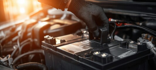 The mechanic replacing a car battery in a well-equipped automotive workshop.
