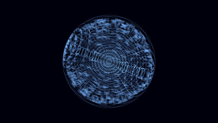 Futuristic vector blue sci-fi sphere in space. Technology circle a network connection big data. Digital ai background with particles. Abstract frame ball. 3D wireframe geometric sphere.
