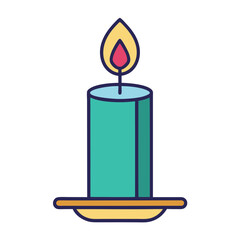 Stylized teal candle with a yellow flame on a dish against light green