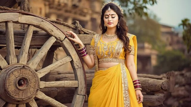 A beautiful young Indian woman stands gracefully beside a decorated chariot during the vibrant Ratha Yatra festival