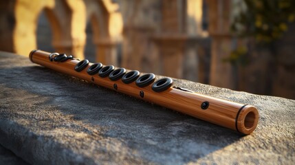 Wooden flute on stone ledge, ancient ruins backdrop
