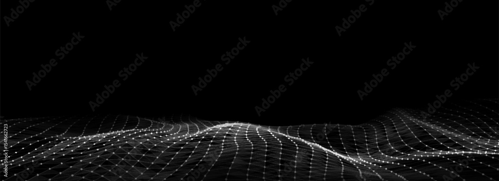 Wall mural abstract vector technology black wave with motion glowing dots. dark cyberspace in digital backgroun