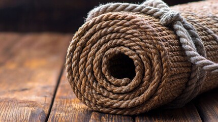 Rolled up jute yoga mat on wooden floor