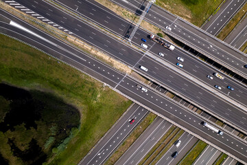 Pond top down aerial next to Voorst intersection near Apeldoorn, The Netherlands, seen from above....