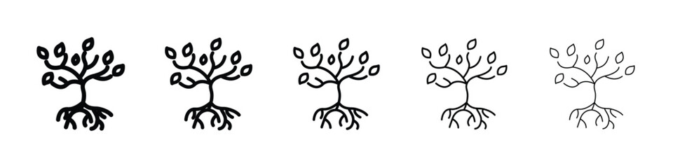 Obraz premium Tree with roots and leaves icon logo in stroke lines collection