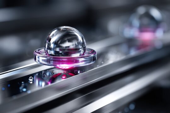 Futuristic floating orb gliding along a sleek metallic track with glowing accents - Powered by Adobe