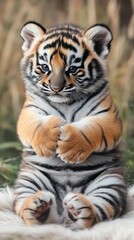 Obraz premium Adorable tiger cub sitting with paws raised, showcasing its striped fur and playful demeanor.