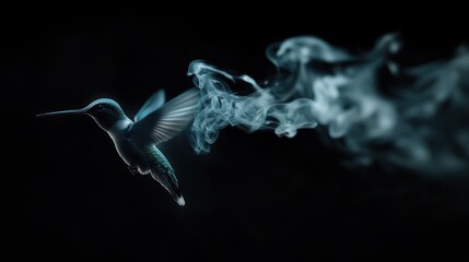Fototapeta premium Hummingbird in flight, smoke trails, dark background, ethereal