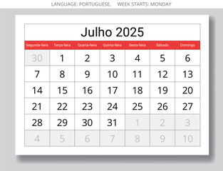 July PORTUGUESE monthly calendar for 2025 year - Julho. Vector paper page for Portugal