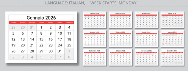 2026 year Italian calendars. pages of 12 months. Vector for Italy - calendario