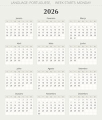 PORTUGUESE calendar for 2026 year. modern vector for Portugal