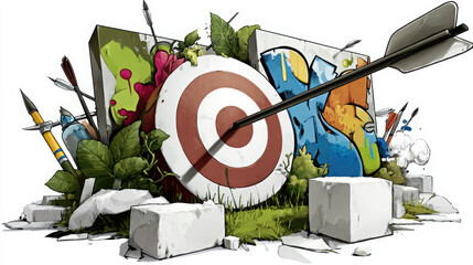 Vibrant dartboard surrounded by colorful graffiti and lush greenery, symbolizing goal oriented theme. scene conveys sense of creativity and determination, with arrows aiming at target