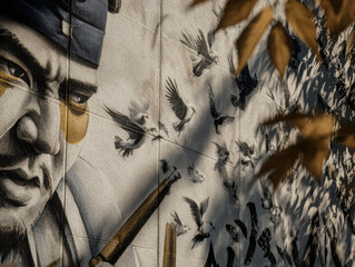 Mural depicting masked strategist engaged game of Go, surrounded by flying birds, showcases intricate artistry and cultural depth. vibrant colors and detailed expressions evoke sense of strategy