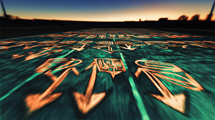 Vibrant graffiti art featuring tactical diagram with arrows and symbols, set against sunset backdrop. dynamic colors and abstract design evoke sense of creativity and urban culture