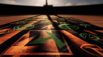 Vibrant tactical diagram featuring various symbols and patterns textured surface, illuminated by dramatic shadows. artwork combines elements of graffiti and design, creating engaging visual