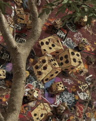Graffiti art featuring oversized dice attached to brick wall, surrounded by colorful tags and street art. scene evokes playful and urban atmosphere, blending nature with urban creativity
