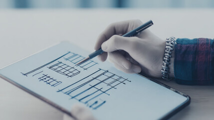Person sketches design on digital tablet, showcasing creativity and planning. hand holds pen, illustrating modern approach to design and brainstorming