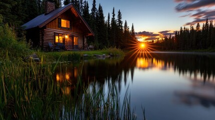Fototapeta premium Rustic log cabin by tranquil lake at sunset